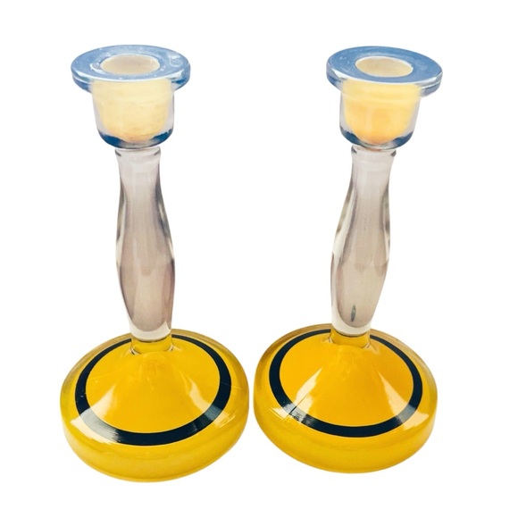 Vintage MCM Black Yellow and Clear Glass Candle Holders